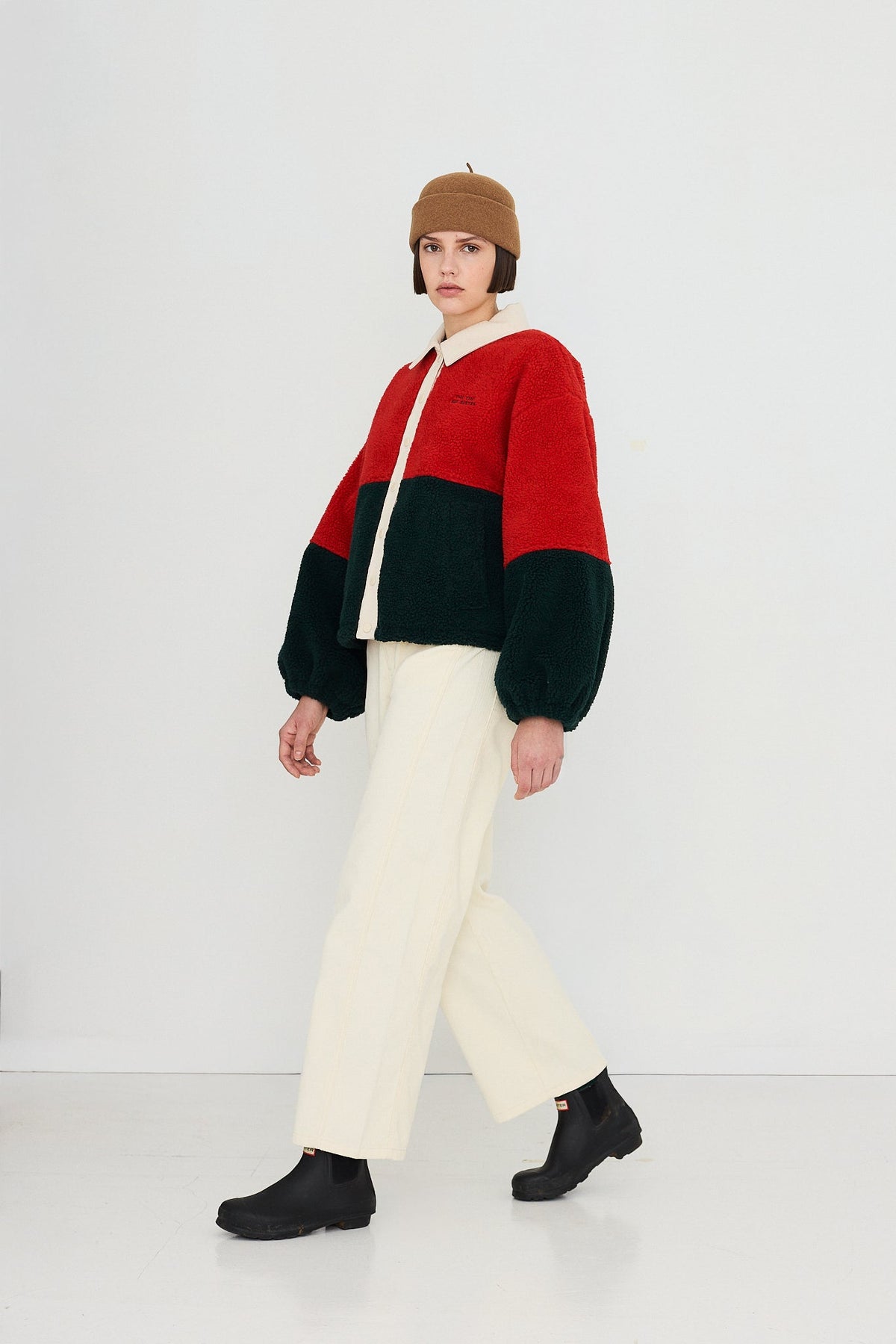 Zelandia™ Chaqueta Sherpa Color Block en Rojo Oscuro y Azul Marino