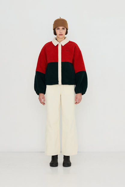 Zelandia™ Chaqueta Sherpa Color Block en Rojo Oscuro y Azul Marino