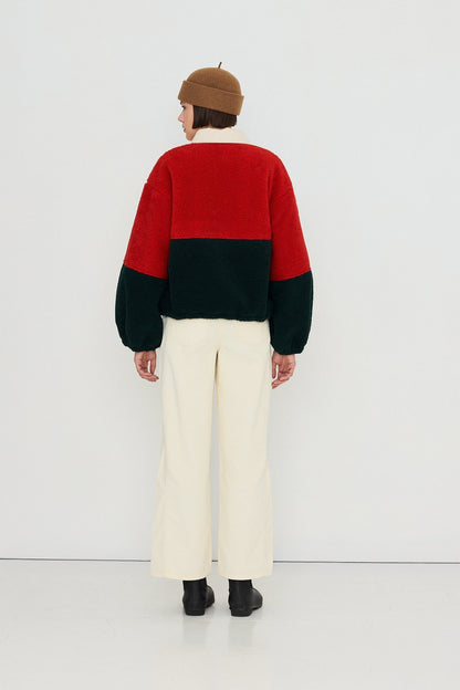 Zelandia™ Chaqueta Sherpa Color Block en Rojo Oscuro y Azul Marino