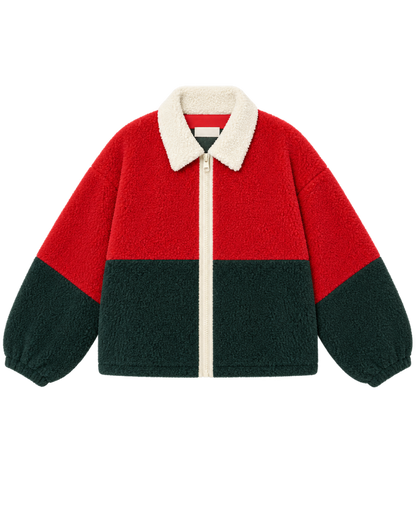 Zelandia™ Chaqueta Sherpa Color Block en Rojo Oscuro y Azul Marino