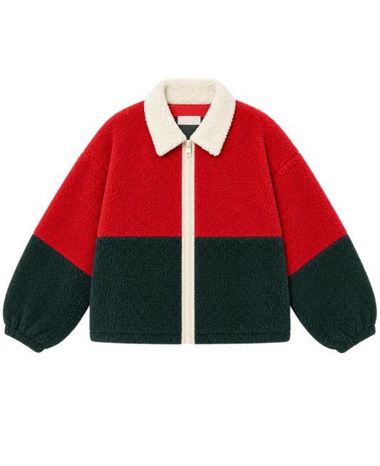 Zelandia™ Chaqueta Sherpa Color Block en Rojo Oscuro y Azul Marino